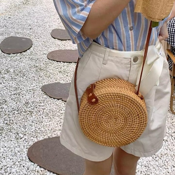 Ratton Straw Round Basket Crossbody Purse Snap Closure - Picture 8 of 10